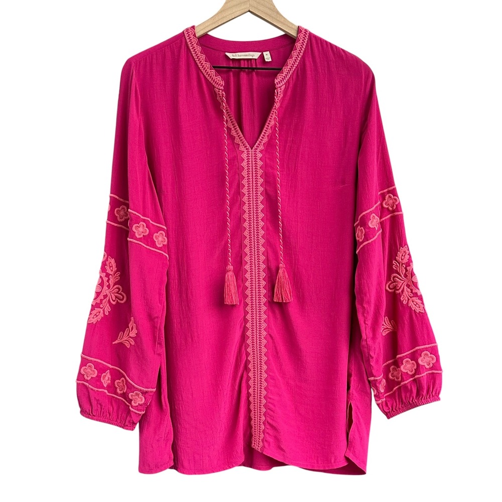 Soft Surroundings Magenta Pink Embroidered Tassel Tunic Top 2GT32  M